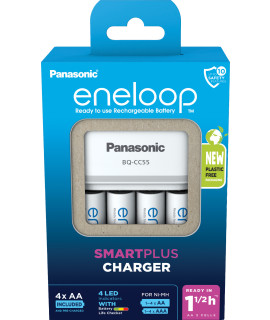 Panasonic Eneloop BQ-CC55E batterijlader + 4 AA Eneloop (2000 mAh) (Kartonnen verpakking)