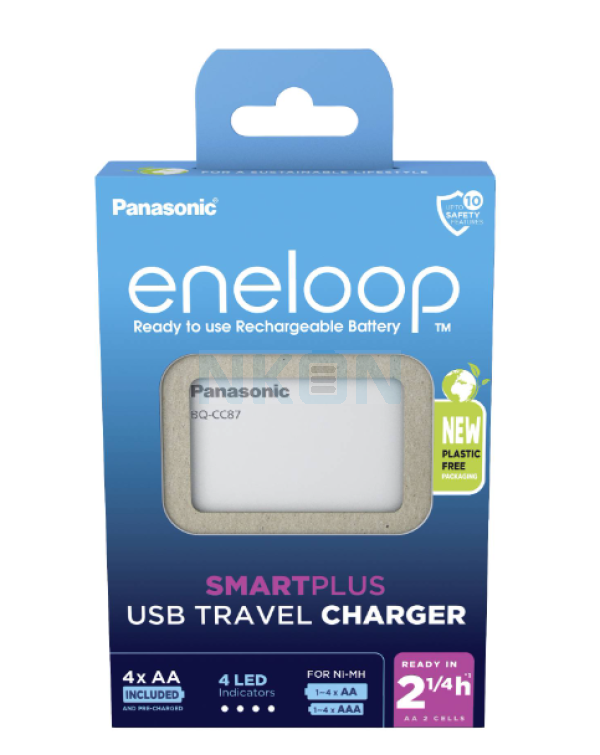 Panasonic Eneloop BQ-CC87E Carregador de bateria USB + 4 AA Eneloop (2000 mAh) (embalagem de papelão)