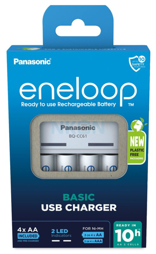 Panasonic Eneloop BQ-CC61E Carregador de bateria USB + 4 AA Eneloop (2000 mAh) (embalagem de papelão)