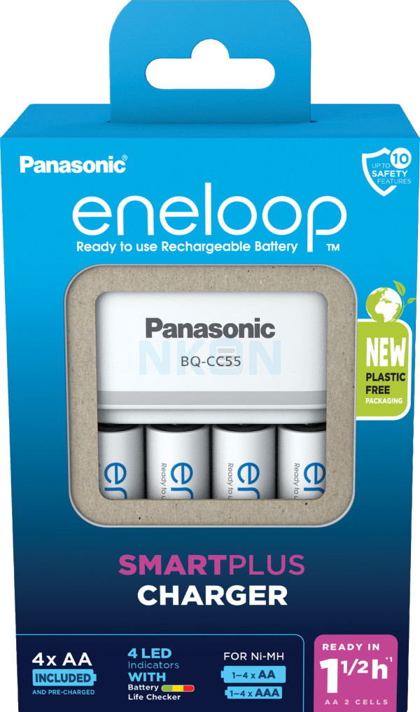 Chargeur de batterie Panasonic Eneloop BQ-CC55E + 4 AA Eneloop (2000 mAh) (emballage en carton)
