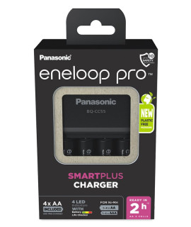 Chargeur de batterie Panasonic Eneloop BQ-CC55E + 4 piles AA Eneloop Pro (2500mAh) (emballage en carton)