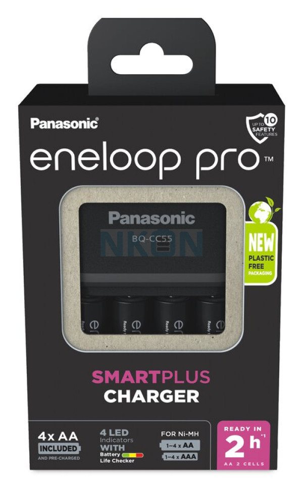 Cargador Panasonic Eneloop BQ-CC55E + 4 AA Eneloop Pro (2500mAh) (embalajes de cartón)