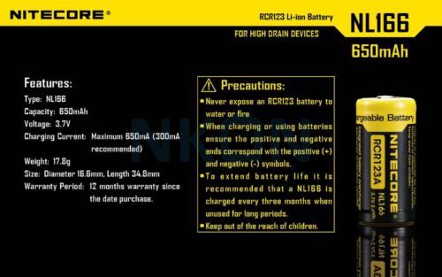 Nitecore RCR123A NL166 650mAh - 4A