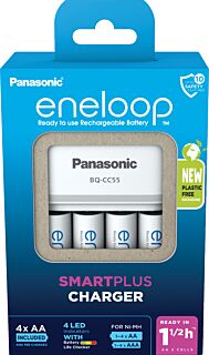 Cargador Panasonic Eneloop BQ-CC55E + 4 Eneloop AA (2000 mAh) (embalajes de cartón)
