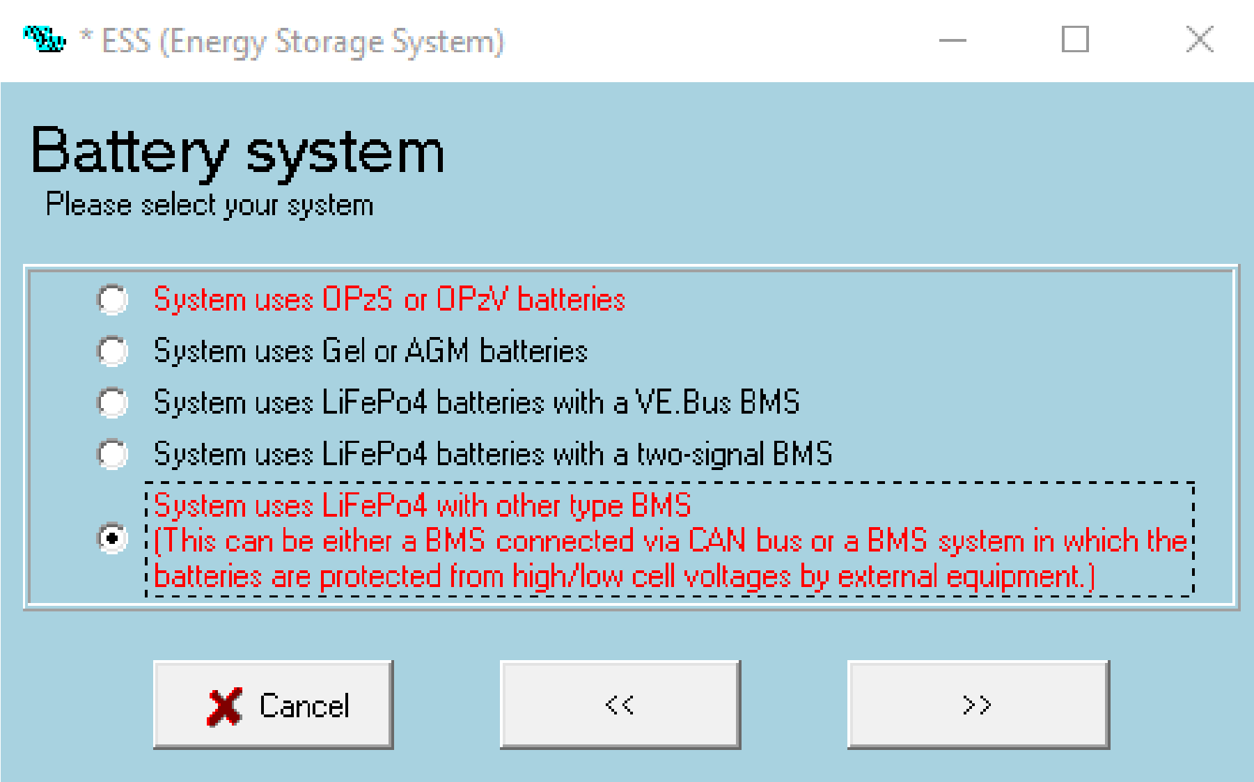 Batterijsysteem in de ESS Assistant: LiFePO₄ with other type BMS.
