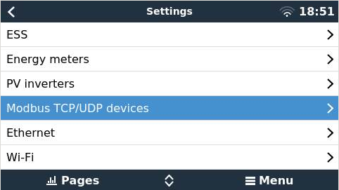 Stap 1: open het GX-menu Modbus TCP/UDP devices.