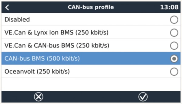 GX-voorbeeld: CAN-bus BMS-profiel op 500 kbit/s.
