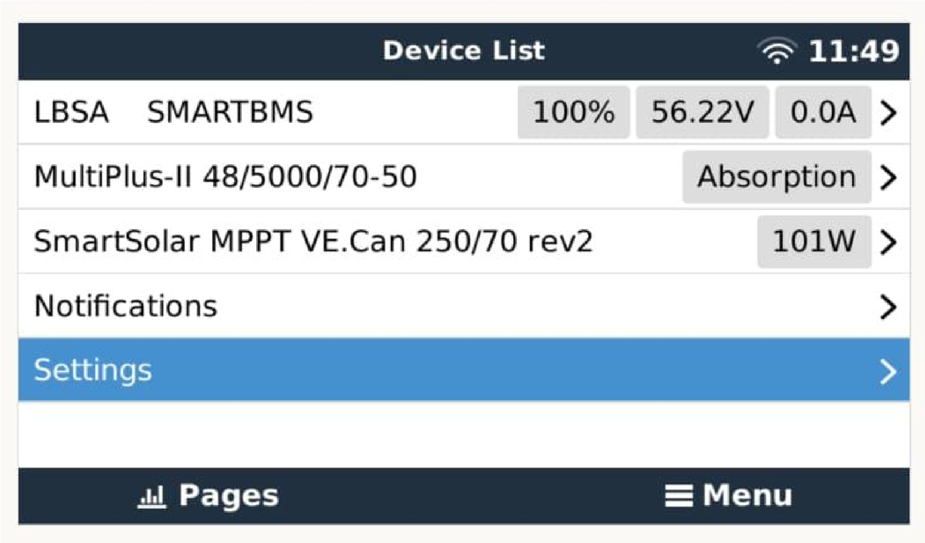 Voorbeeld van de GX-apparatenlijst. De getoonde batterijnaam hangt af van het BMS en de firmware.