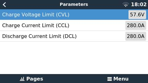 Voorbeeld van actuele parameters uit de handleiding: CVL 57.6 V, CCL 280 A en DCL 280 A. Dit zijn voorbeeldmetingen, geen algemene NKON-limieten.