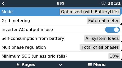 ESS-voorbeeld: Optimized with BatteryLife, externe meter en minimaal 10% SoC.