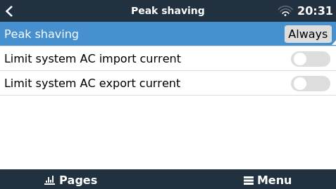 Voorbeeld van peak shaving: Always; de systeemlimieten voor AC-afname- en terugleverstroom staan uit.
