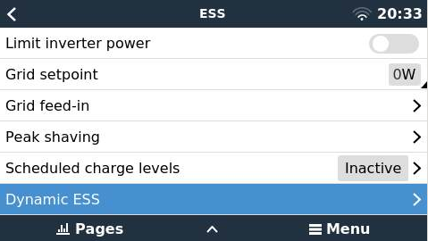 Open Dynamic ESS vanuit het GX-ESS-menu; configureer de VRM-uitvoering via het portaal.