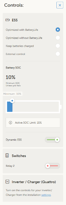 VRM Controls met Optimized with BatteryLife geselecteerd en Dynamic ESS ingeschakeld.