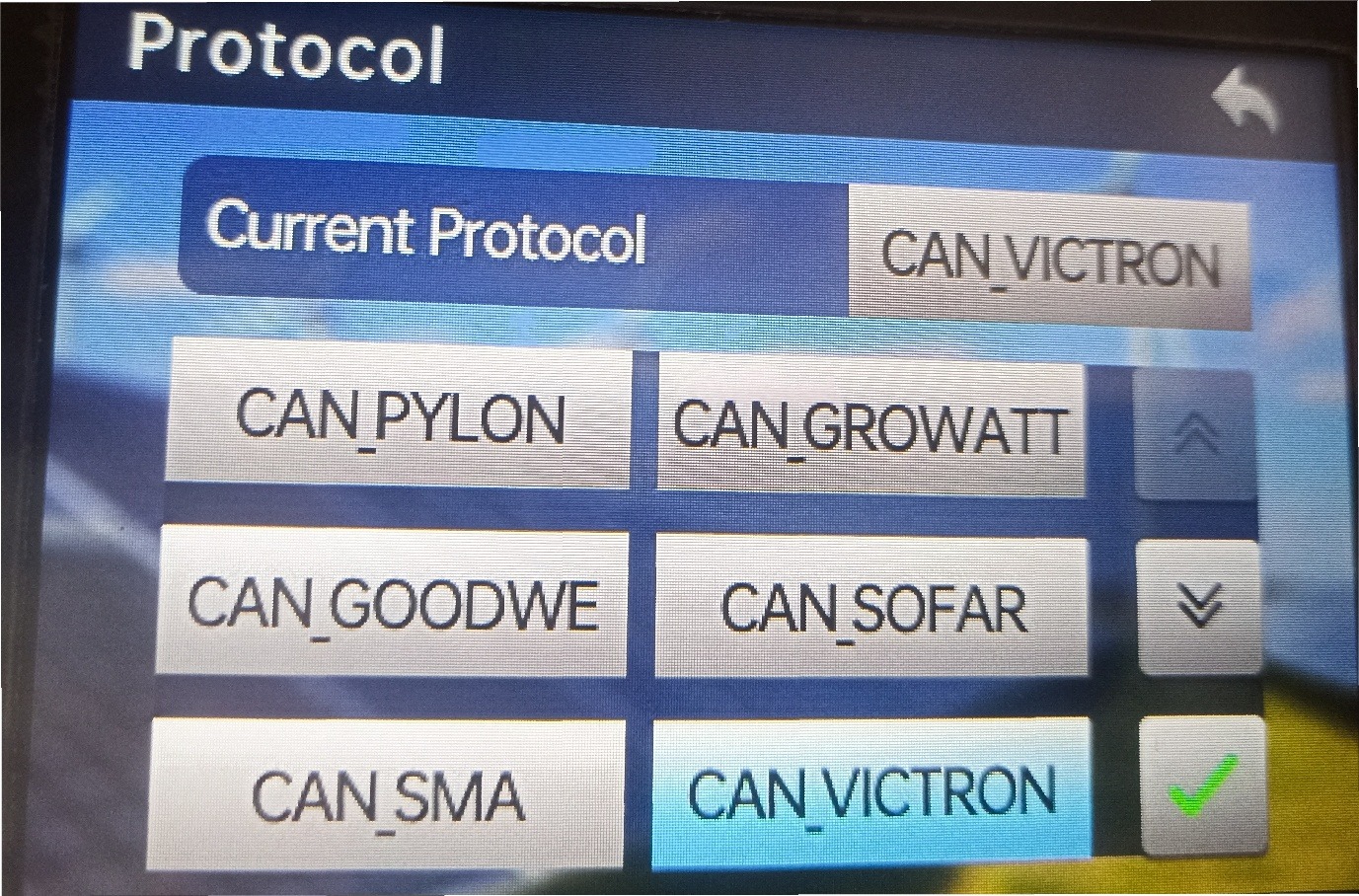 Batterijprotocolscherm: selecteer CAN_VICTRON en bevestig.