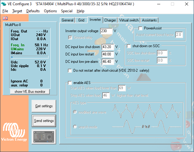 Voorbeeld van het tabblad Inverter in VEConfigure met de drie onderspanningsinstellingen.