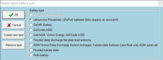 Selecteer lithium-ijzerfosfaat in het dialoogvenster voor het batterijtype.